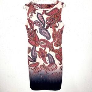 Isle Melis Kazan Paisley Sleeveless Dress Scuba Poly Stretch Brown Purple Medium